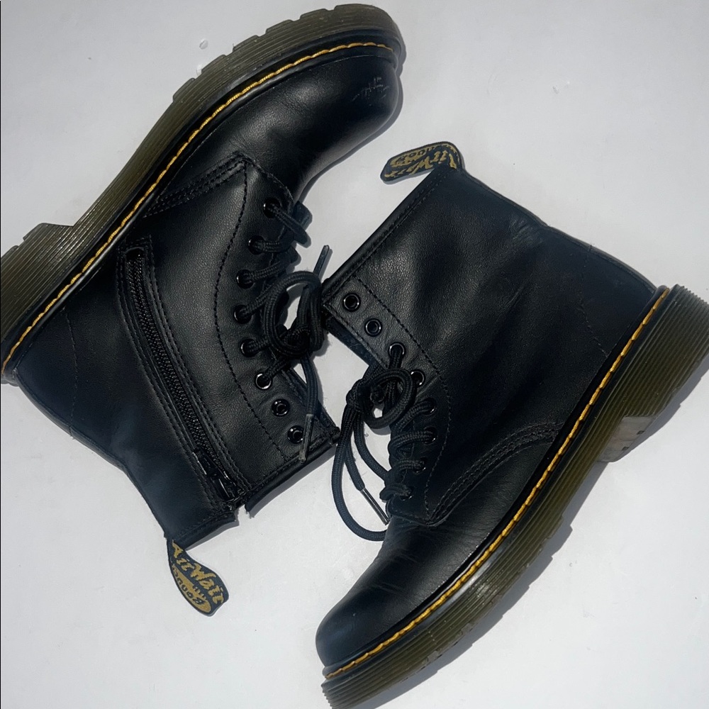 Dr. Martens Kids Black Leather Lace-Up Combat Boots with Yellow Stitching size 2